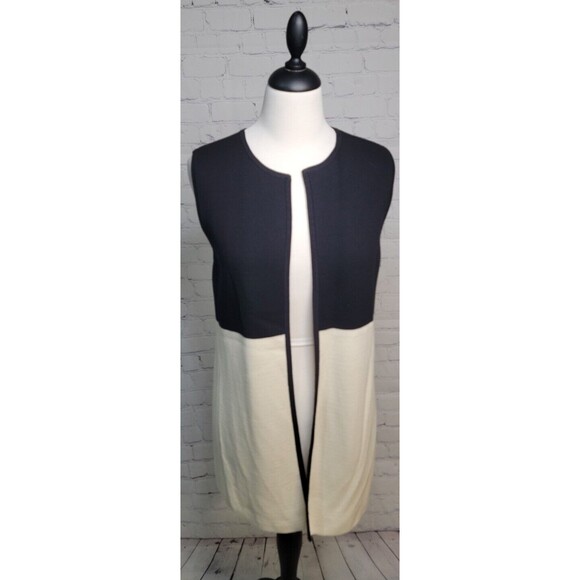 Talbots Petite Women Sleeveless Cardigan Vest Long Sz PM Black Cream Color Block - Picture 1 of 7